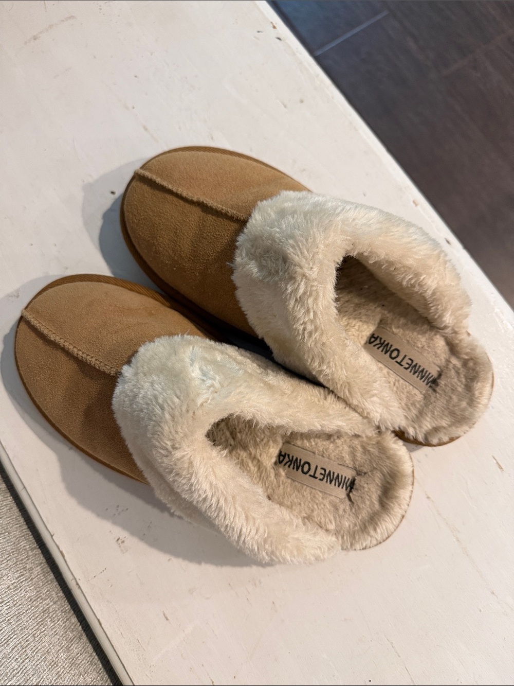 Minnetonka Tan Shearling Cuff Suede Slide Slippers